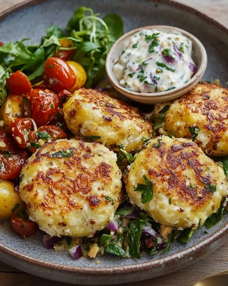 Mediterrane Kartoffel-Feta-Fritter serviert mit frischem Gurkensalat