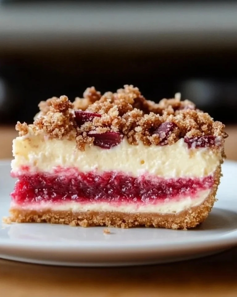 Ein Stück Rhabarber-Käsekuchen mit Streuseln auf einem Teller