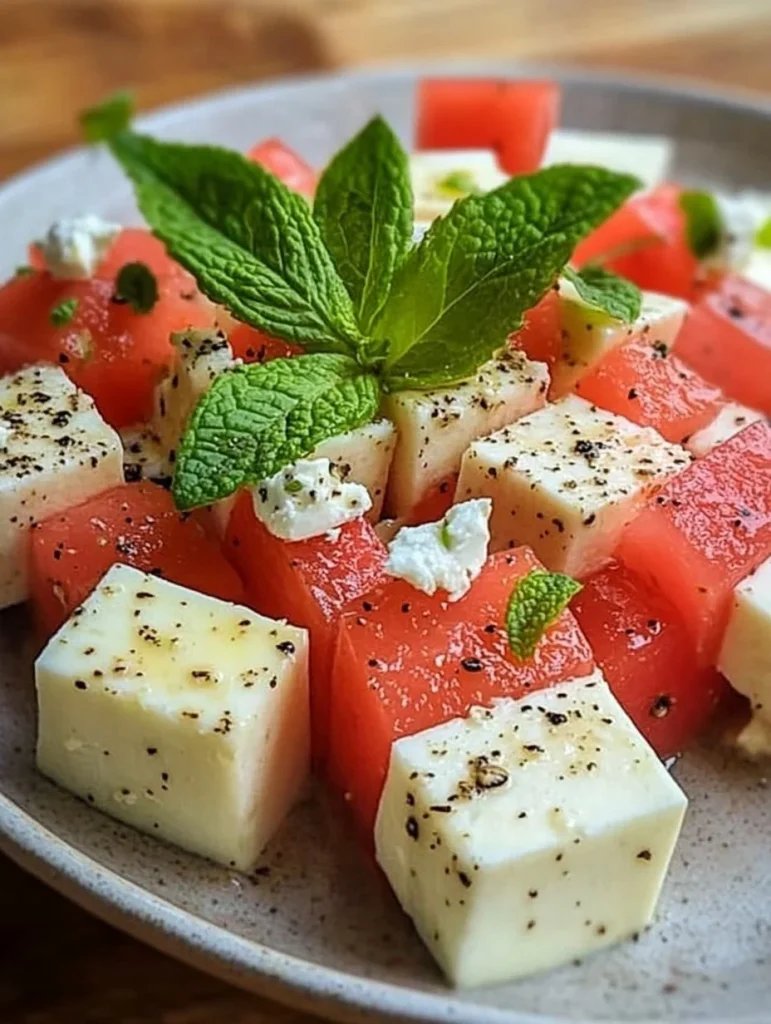 Bunte Melonen-Feta-Spieße mit Minze und Limettenmarinade auf einem Teller