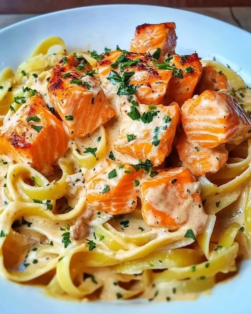 Nudeln mit Lachs-Sahnesoße auf einem Teller serviert