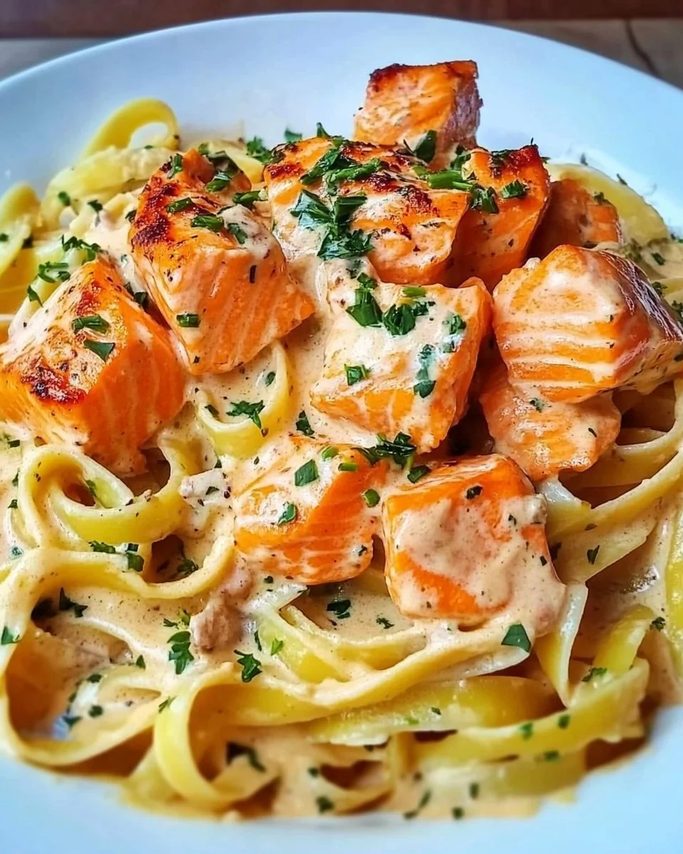 Nudeln mit Lachs-Sahnesoße auf einem Teller serviert