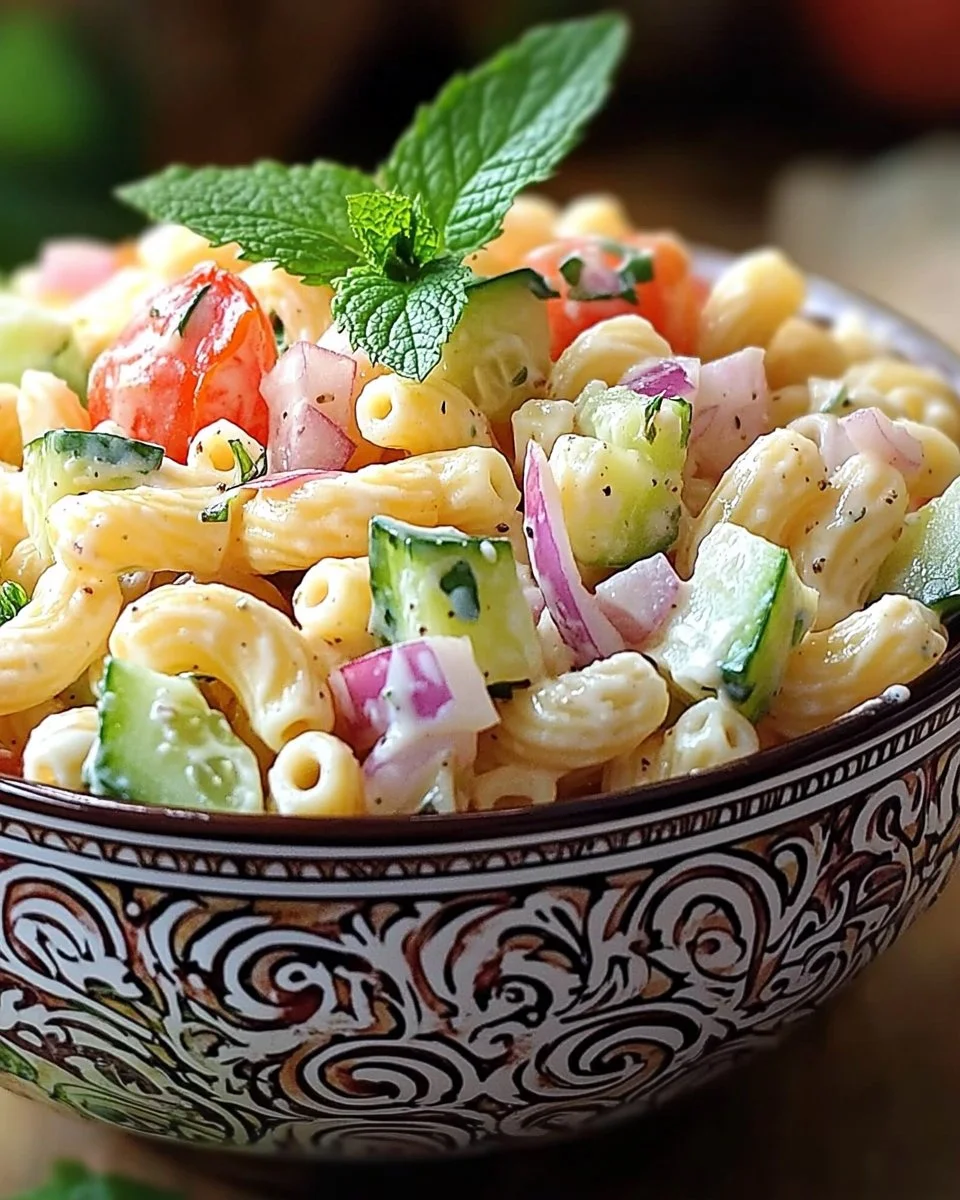 Nudelsalat mit Joghurt-Dressing in einer Schüssel ansprechend angerichtet.