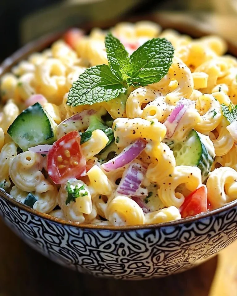 Nudelsalat mit Joghurt-Dressing in einer Schüssel serviert