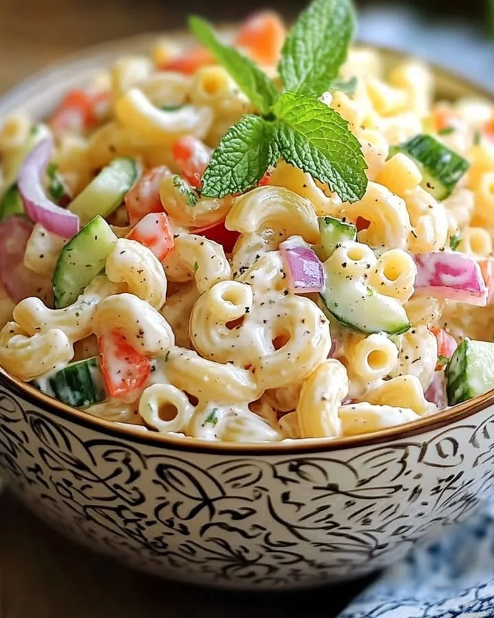Nudelsalat mit Joghurt Dressing in einer Schüssel, garniert mit frischen Kräutern