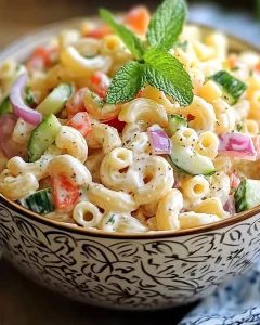 Nudelsalat mit Joghurt-Dressing auf einem bunten Teller serviert