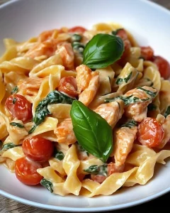 Ofen-Lachs-Pasta mit Spinat, Tomaten und Mozzarella auf einem Teller