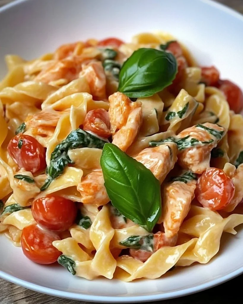 Ofen-Lachs-Pasta mit Spinat, Tomaten und Mozzarella auf einem Teller