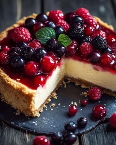 Ofenbackener Käsekuchen mit frischen Waldfrüchten, serviert auf einem Teller.
