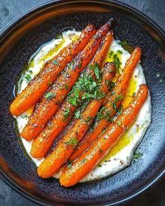 Gebackene Ofenkarotten serviert auf Ricotta mit frischen Kräutern