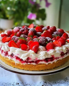 Ohne Backen Erdbeer-Sahne-Kuchen mit frischen Erdbeeren und Sahne