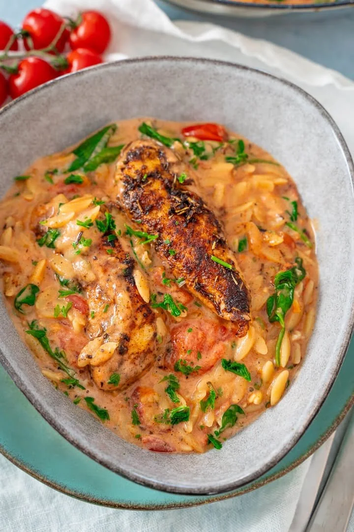 Leckere Orzo-Pfanne in cremiger Tomaten-Sahnesoße serviert in einer Schüssel
