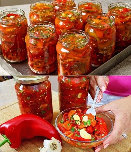 Eingelegte Paprika mit Knoblauch in einem Glas