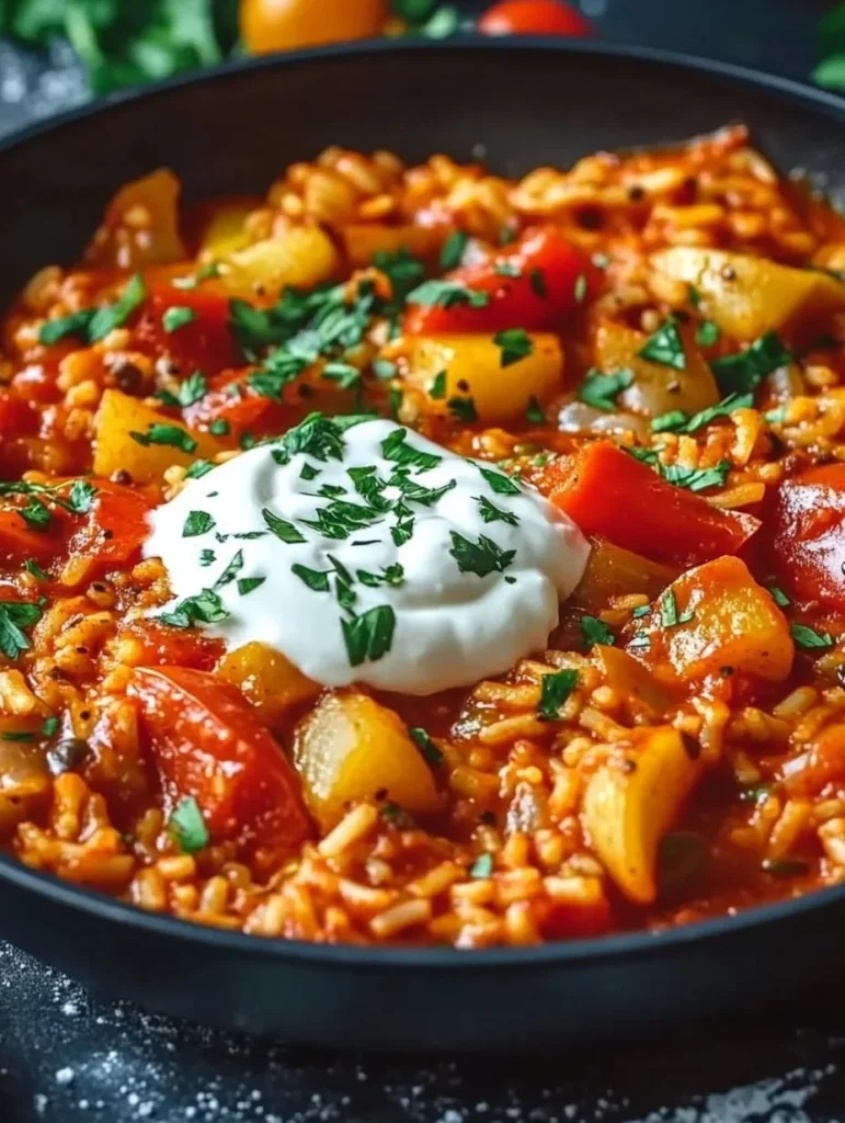 Leckere Paprika-Reis-Pfanne mit frischer Joghurtsoße serviert.