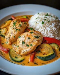 Paprika Zucchini Hähnchen in Sahnesoße auf einem Teller angerichtet.