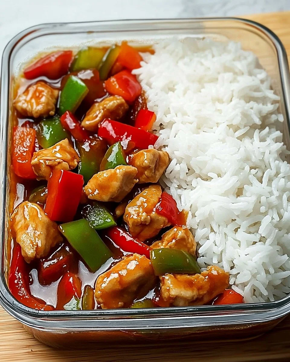 Pikante Hähnchen-Gemüse-Pfanne mit Reis auf einem Teller serviert