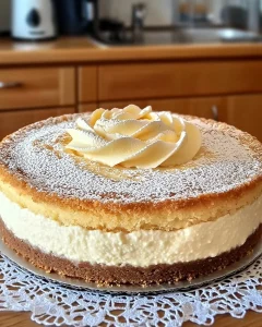 Quark-Schneekuchen mit Vanillepudding auf einem Teller serviert