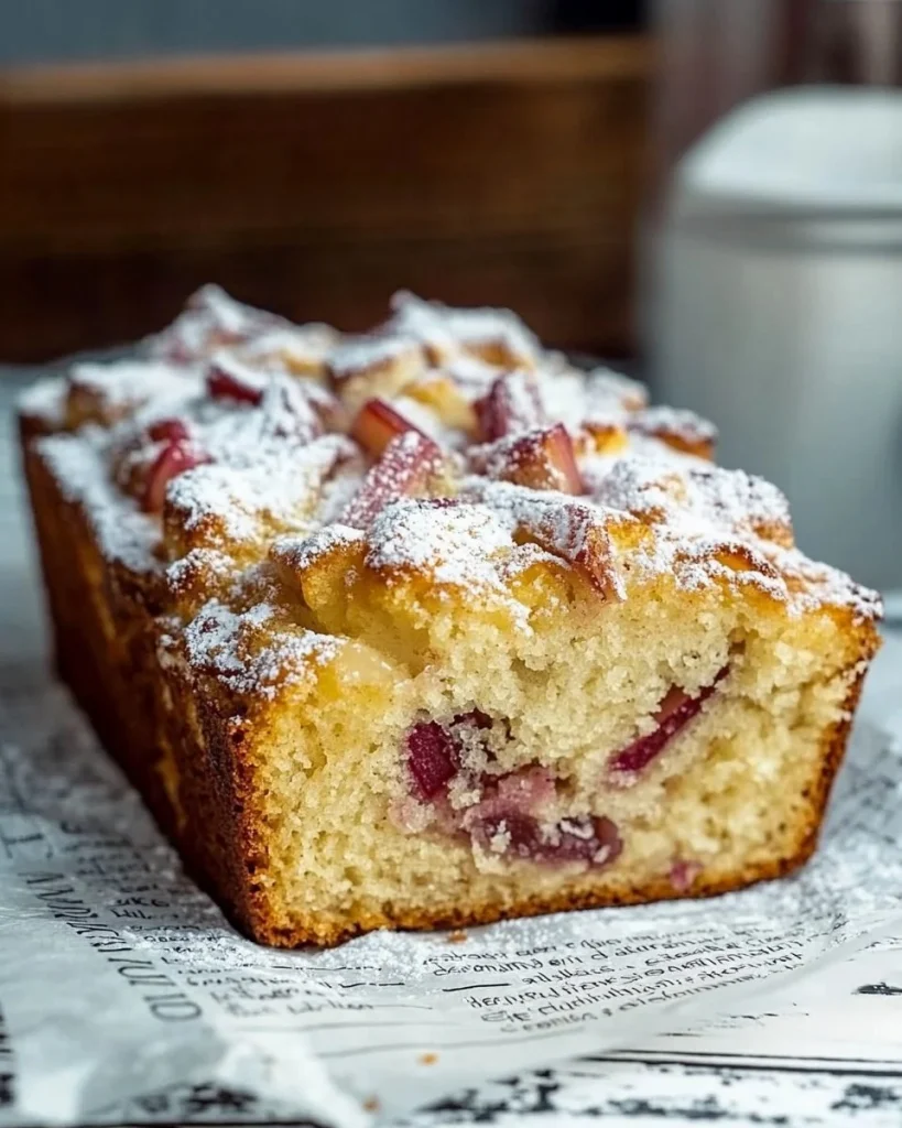 Saftiger Rhabarber Joghurt Kuchen auf einem Teller mit frischen Rhabarberstangen
