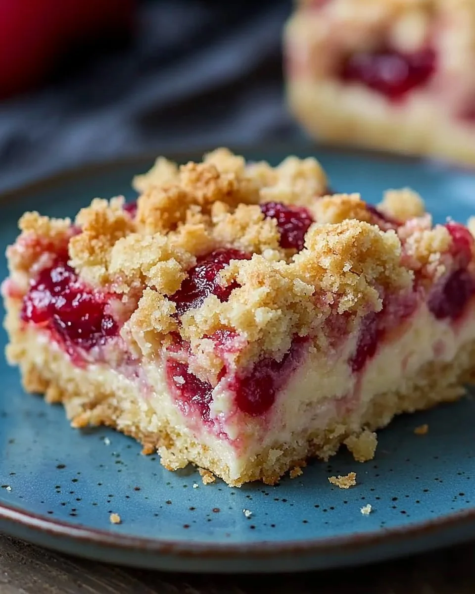 Rhabarber-Quarkkuchen mit Butterstreuseln auf einem Teller serviert