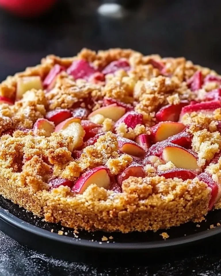 Rhabarberkuchen mit Streusel auf einem Teller serviert, köstlich und frisch.