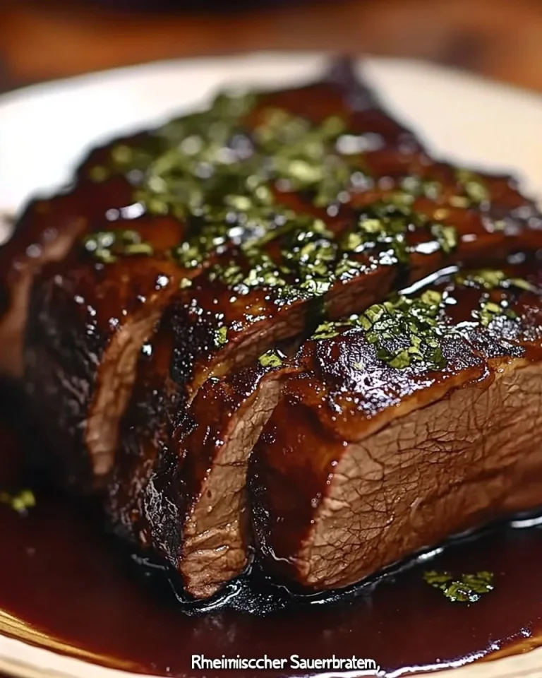 Rheinischer Sauerbraten serviert mit Beilagen auf einem Teller.