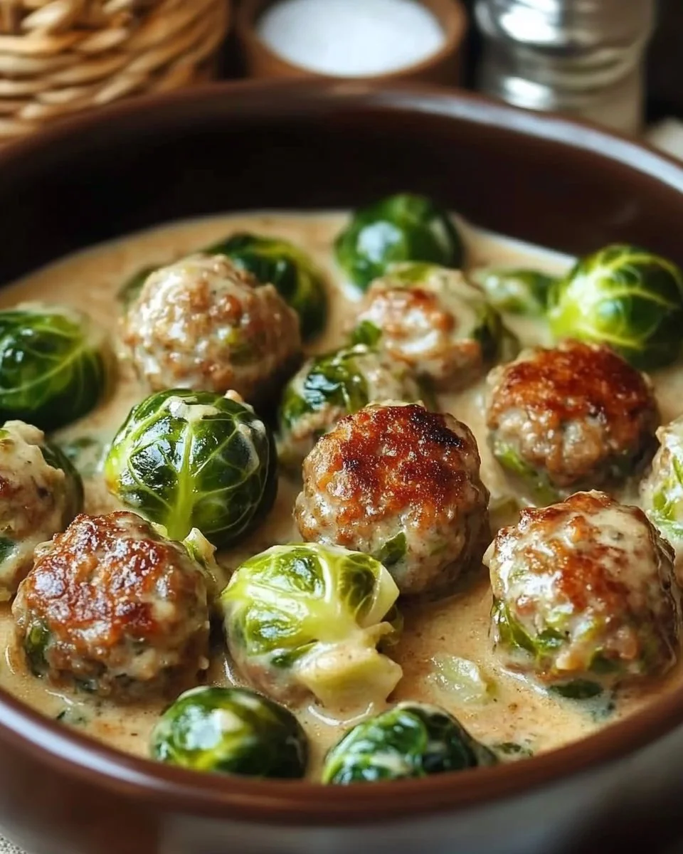 Rosenkohleintopf mit Hackbällchen in einem bunten Teller serviert