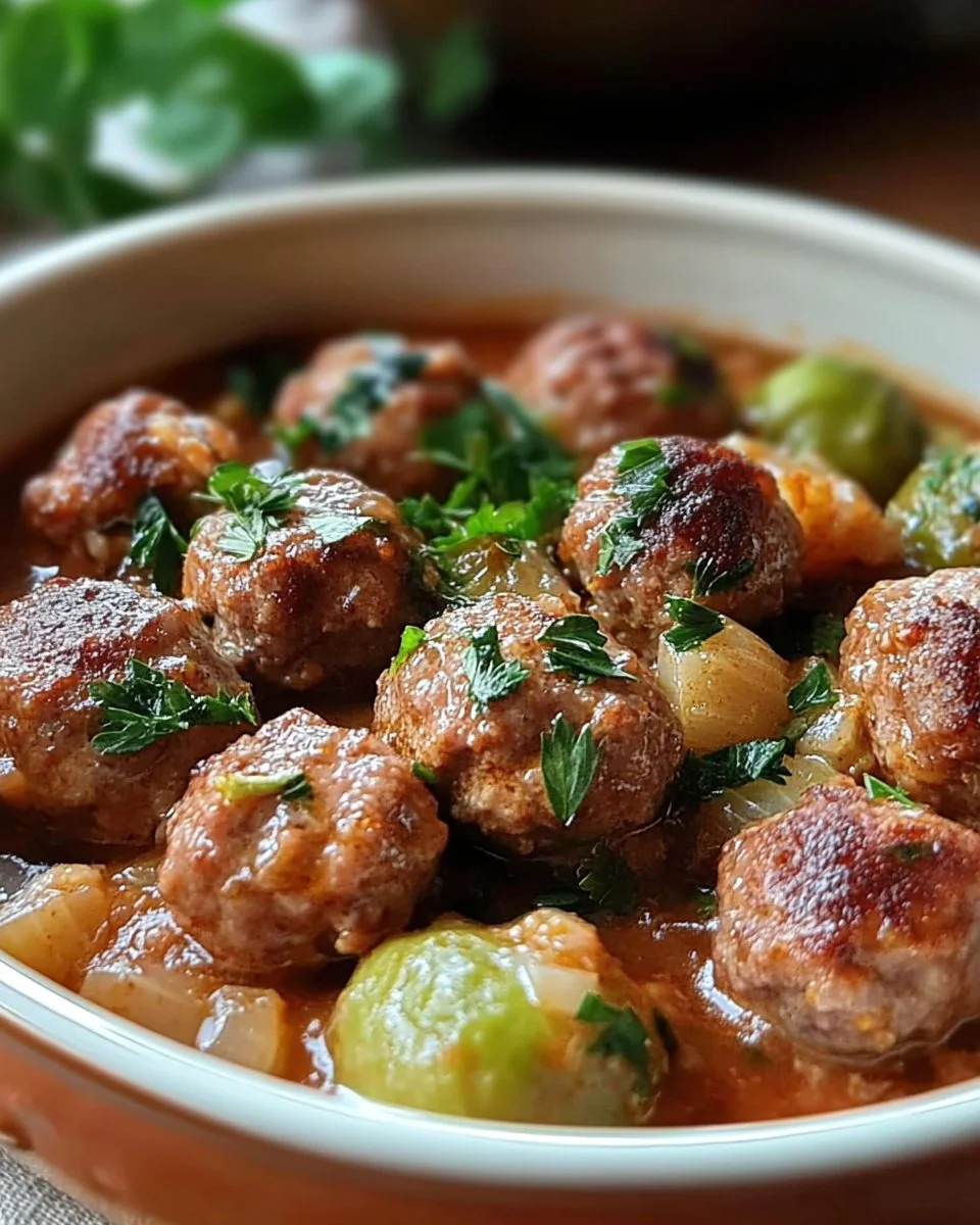 Rosenkohleintopf mit Hackbällchen auf einem Teller serviert