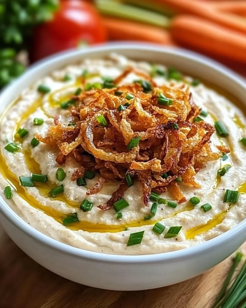 Röstzwiebel-Knoblauch-Dip mit Paprikapulver in einer Schale