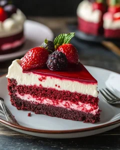 Rotvelvet-Käsekuchen mit Erdbeervortex und Erdbeeren auf einem Teller