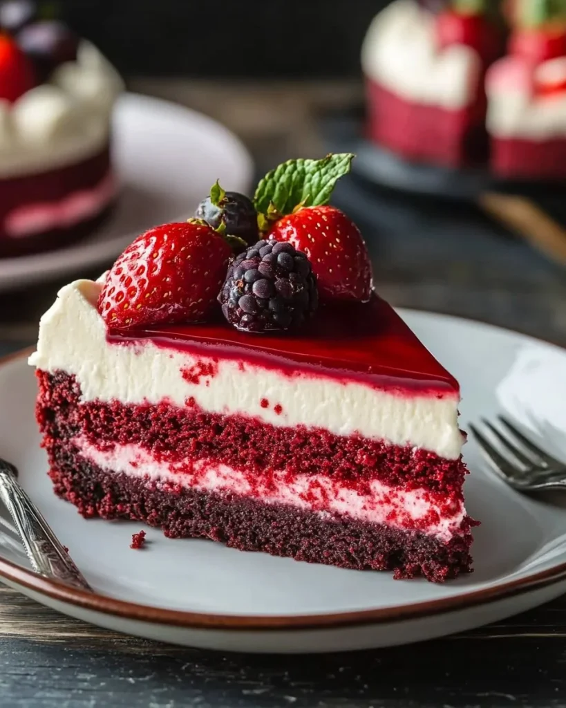 Rotvelvet-Käsekuchen mit Erdbeervortex und Erdbeeren auf einem Teller