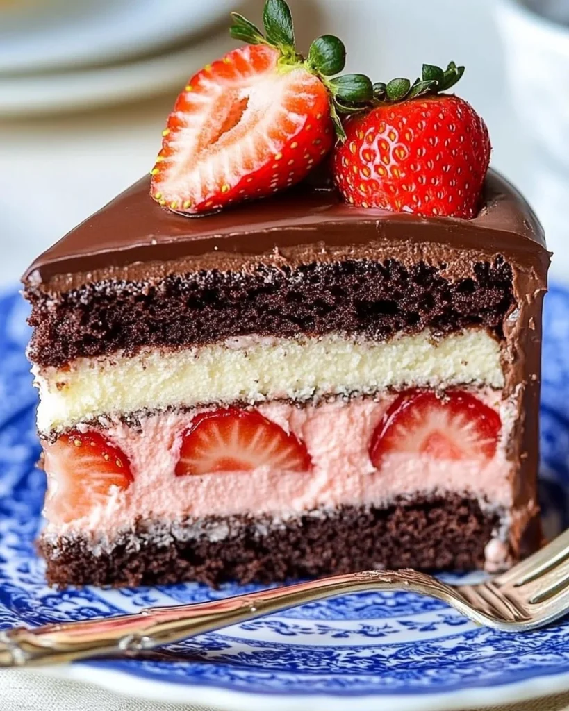 Saftige Erdbeer-Donauwelle mit frischen Erdbeeren und Schokoladenglasur.