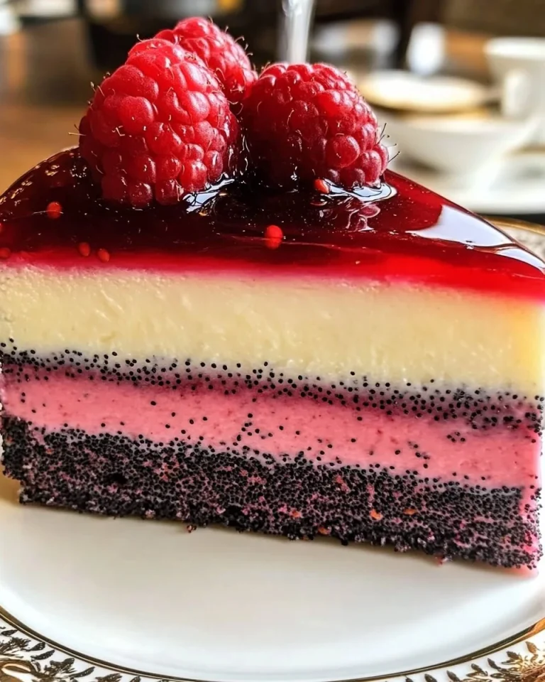 Schneewittchen-Torte mit Himbeer, Mohn und Topfen auf einem Teller