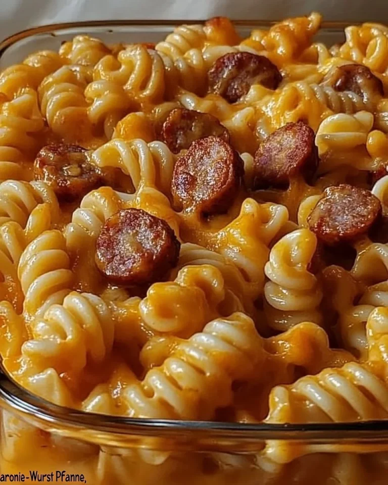 Schnelle Makkaroni-Wurst-Pfanne mit frischen Zutaten in einer Pfanne zubereitet
