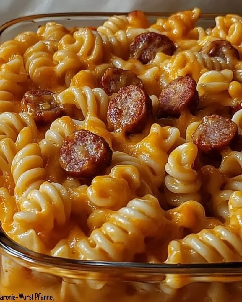 Schnelle Makkaroni-Wurst-Pfanne mit frischen Zutaten in einer Pfanne zubereitet