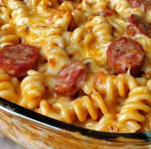 Schnelle Makkaroni-Wurst-Pfanne mit Gemüse und Würstchen in einer Pfanne zubereitet