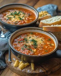 Eine Schüssel schneller Pizzasuppe mit frischen Zutaten