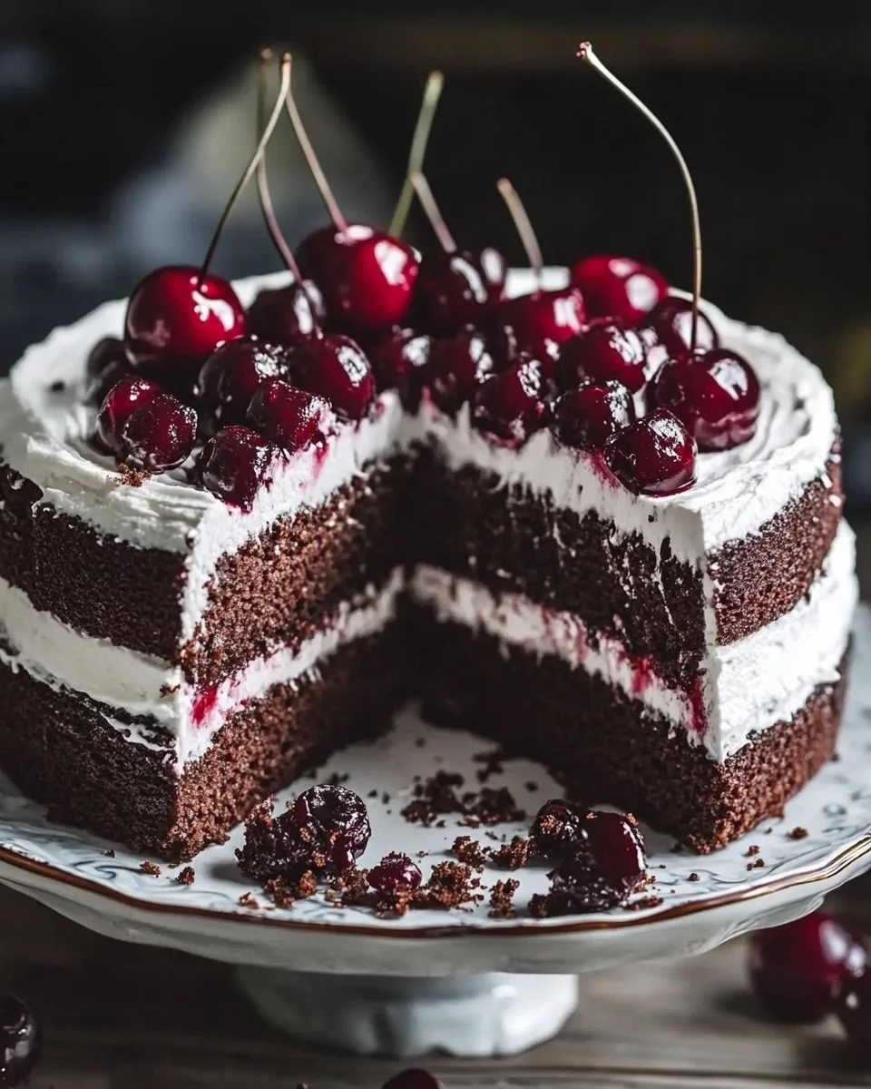 Schwarzwälder Kirschtorte mit Kirschen und Sahne