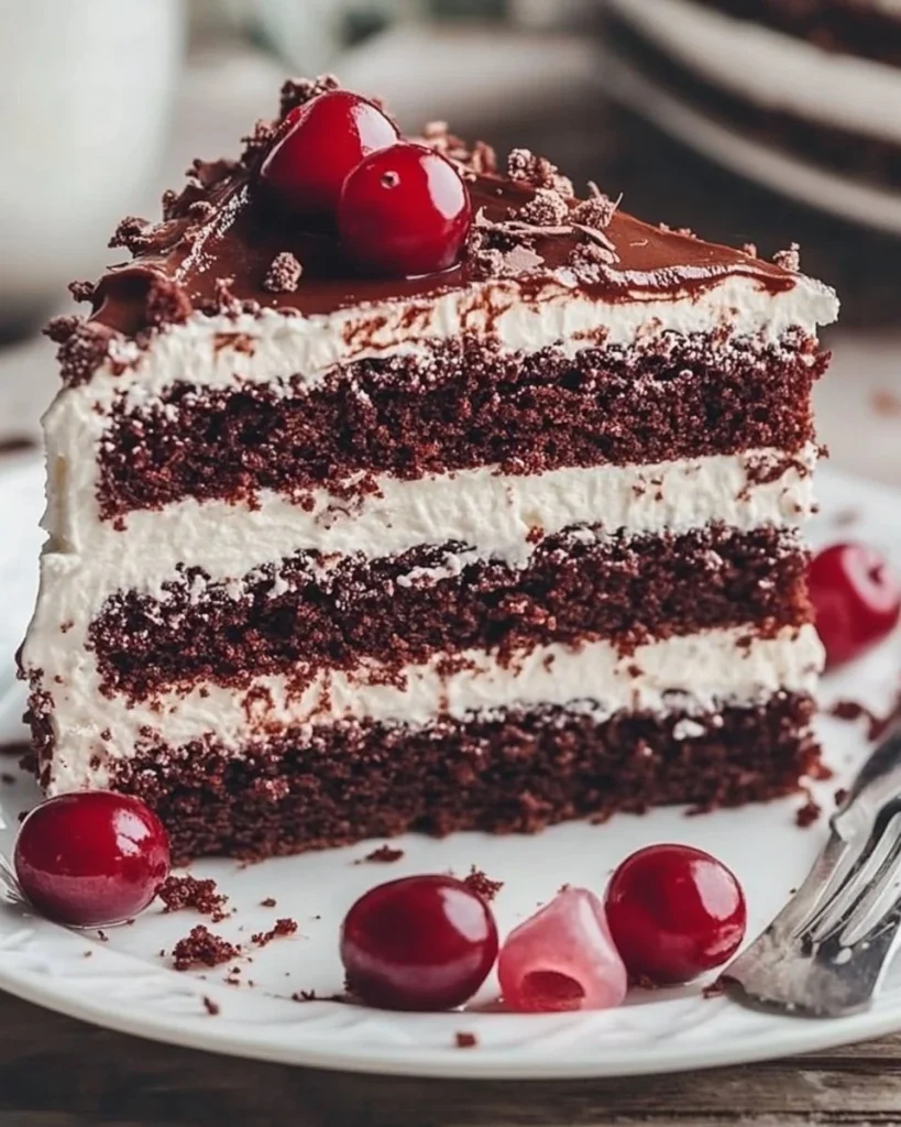 Schwarzwälder Kirschtorte mit frischen Kirschen und Schokoladenschichten