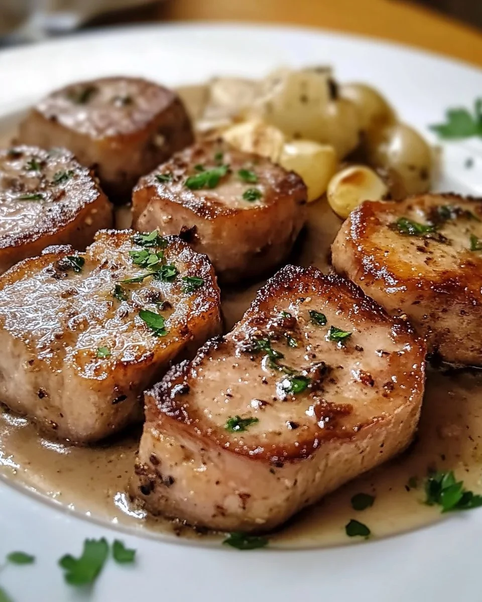 Schweinelendchen zubereitet mit Kräutern und Beilagen auf einem Teller