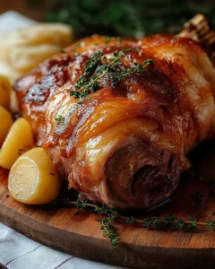 Leckere Schweinshaxe auf einem Teller serviert, goldbraun und knusprig.