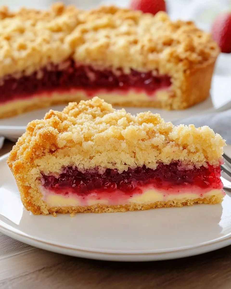 Saftiger Erdbeer-Pudding-Streuselkuchen mit knusprigen Streuseln