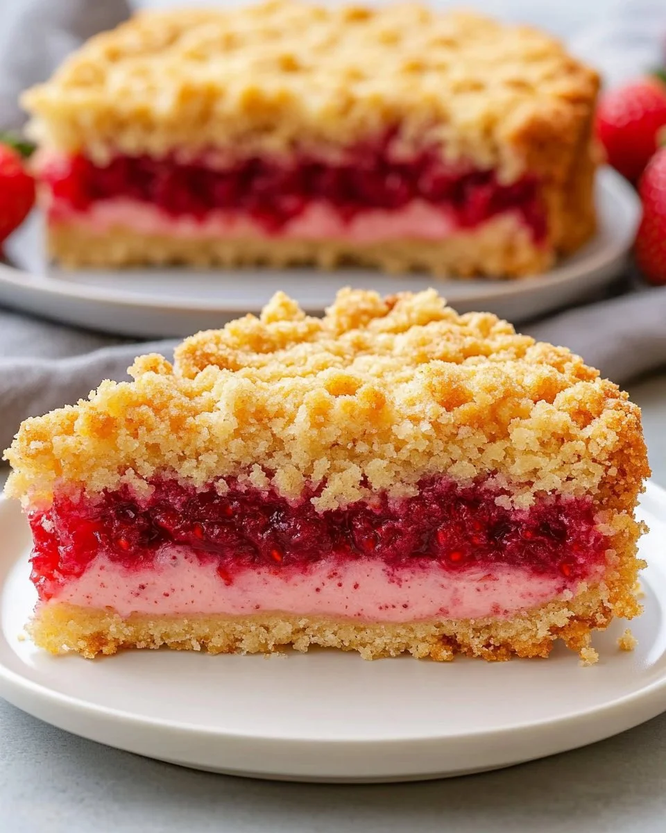 Sehr saftiger Erdbeer-Pudding-Streuselkuchen mit frischen Erdbeeren und Streusel