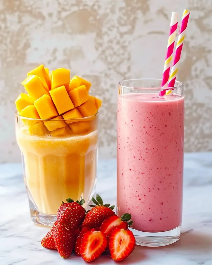 Erfrischender Smoothie mit Erdbeeren, Ananas und Mango in einem Glas