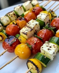 Sommerliche Antipasti-Spieße mit Feta und Gemüse auf einem Teller