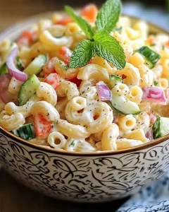 Leckerer sommerlicher Joghurt-Nudelsalat mit frischen Zutaten