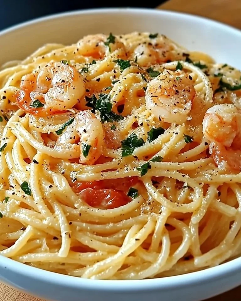 Spaghetti mit Garnelen in einer cremigen Frischkäse-Sauce serviert