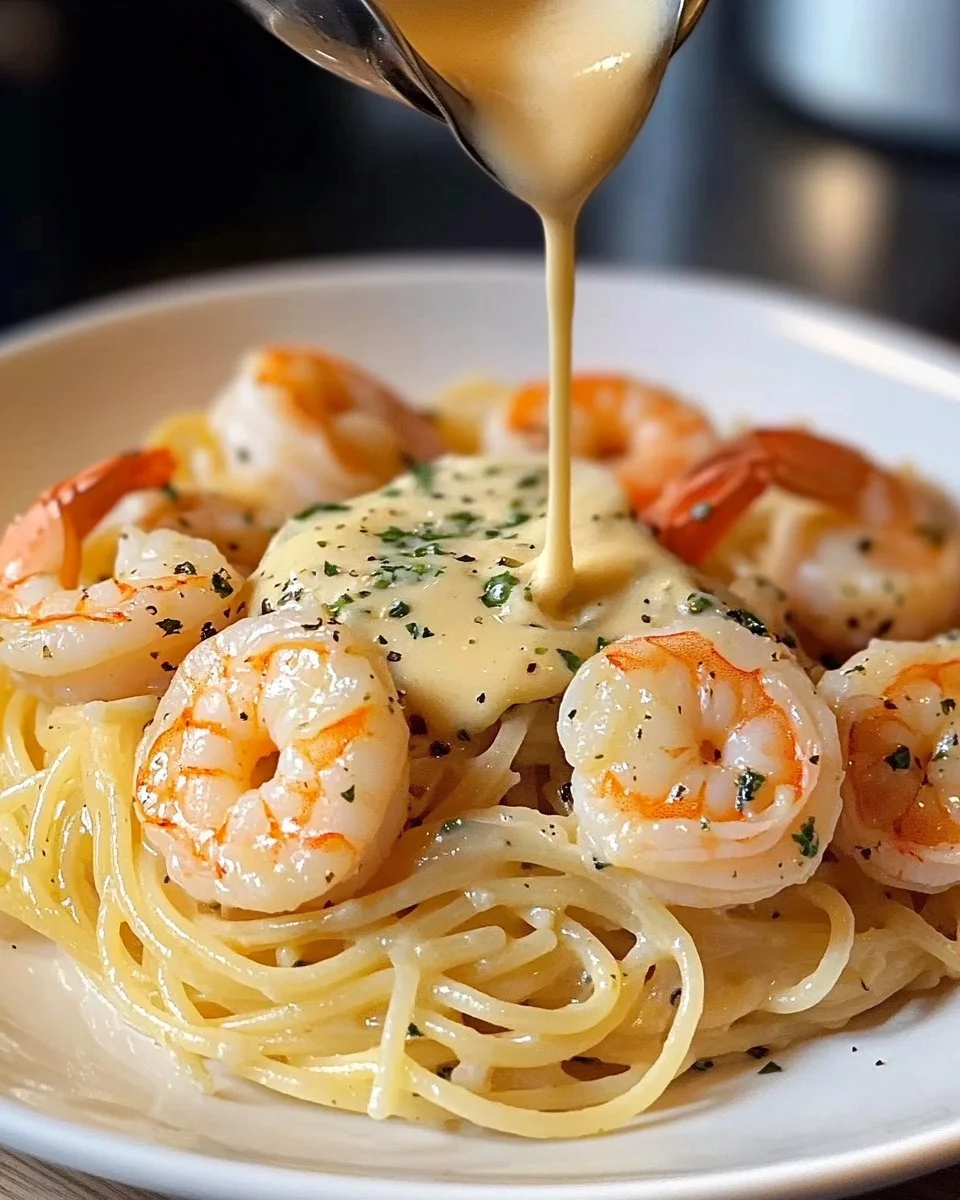 Spaghetti mit Garnelen und cremiger Knoblauch-Parmesan-Sauce auf einem Teller