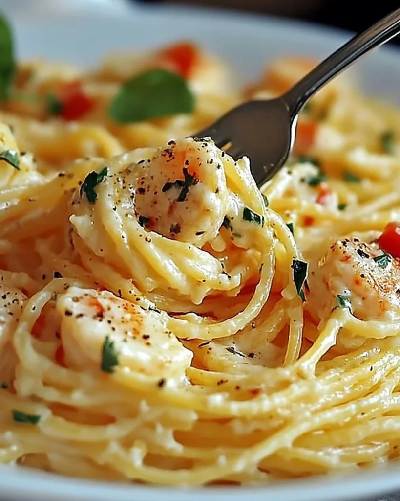 Spaghetti mit Garnelen in cremiger Frischkäsesauce auf einem Teller serviert.
