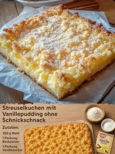 Leckerer Streuselkuchen mit Vanillepudding auf einem Teller