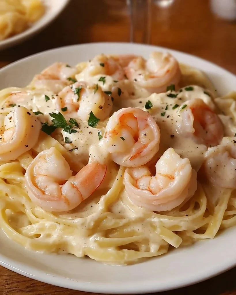 Tagliatelle mit Garnelen in weißer Weinsahnesauce serviert