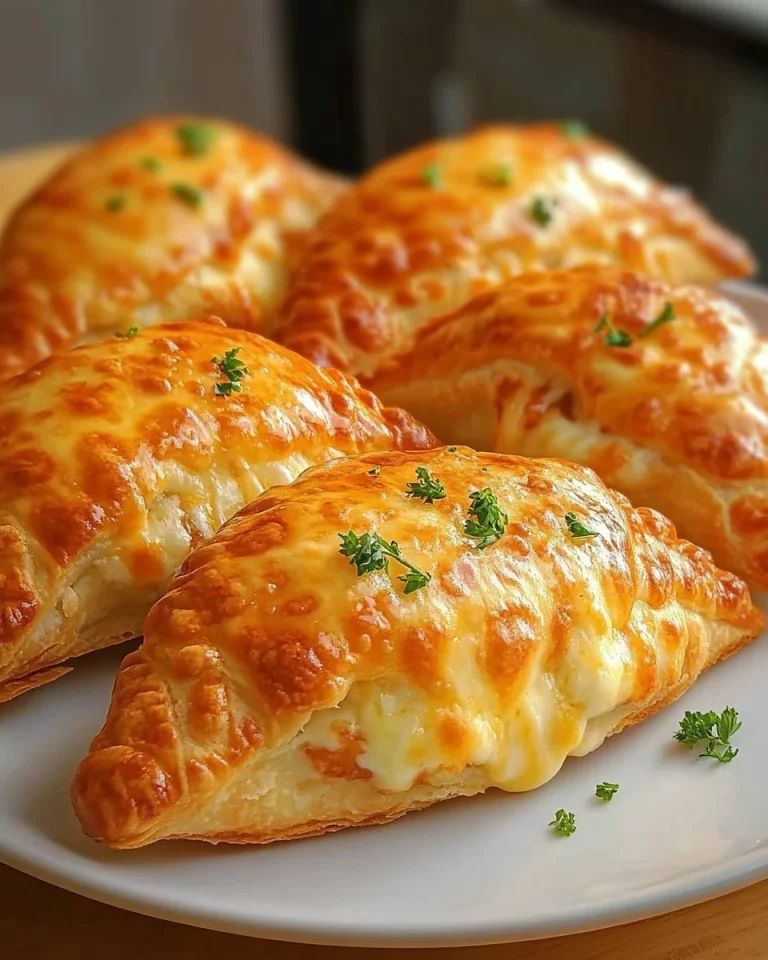 Thunfisch-Blätterteig mit Käse und Paprika, serviert auf einem Teller.